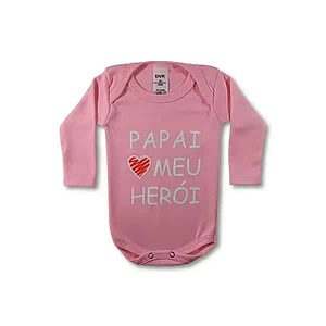 Body Bebe Personalizado Frase Papai Meu Heroi Rosa Manga longa