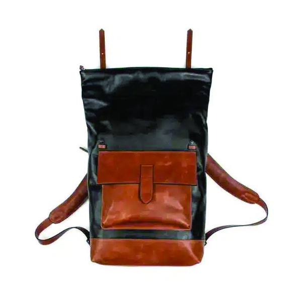 Mochila Camping Couro Preto e Caramelo