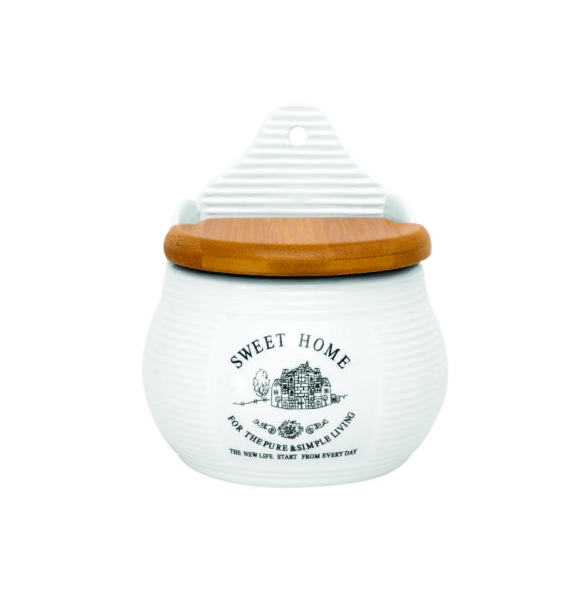 Saleiro De Cerâmica Personalizado Com Tampa de Madeira Pinus